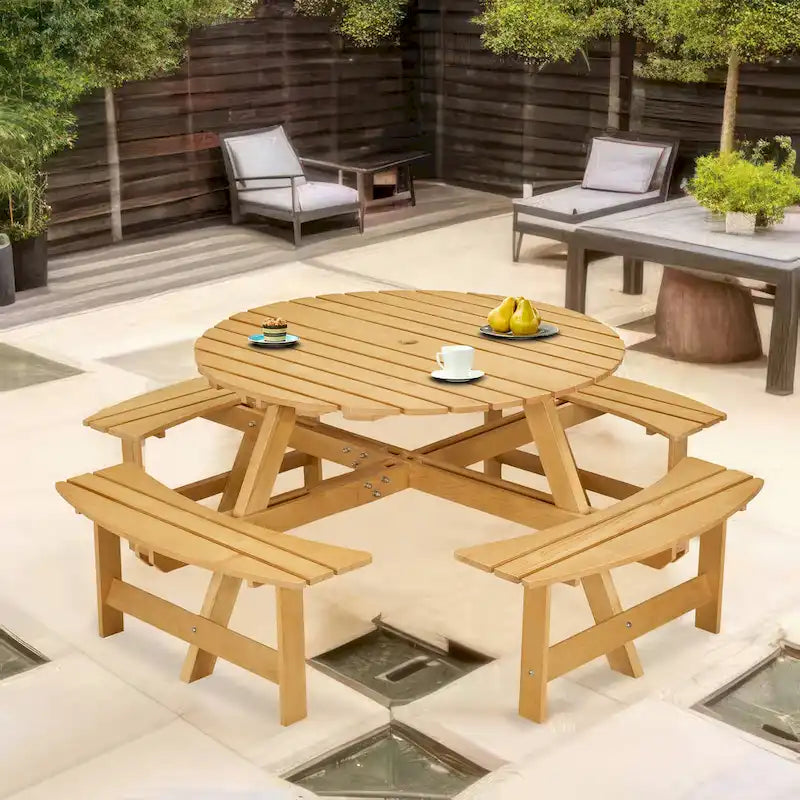 Set da tavolo da picnic rotondo per 8 persone con 4 panche incorporate e foro per ombrellone
