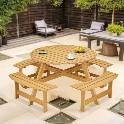Set da tavolo da picnic rotondo per 8 persone con 4 panche incorporate e foro per ombrellone
