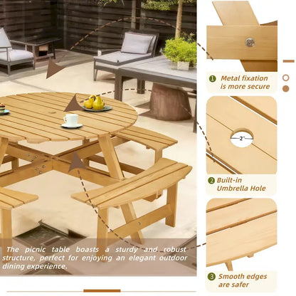 Set da tavolo da picnic rotondo per 8 persone con 4 panche incorporate e foro per ombrellone