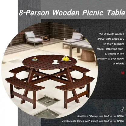 Set da tavolo da picnic rotondo per 8 persone con 4 panche incorporate e foro per ombrellone