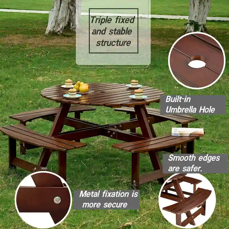 Set da tavolo da picnic rotondo per 8 persone con 4 panche incorporate e foro per ombrellone