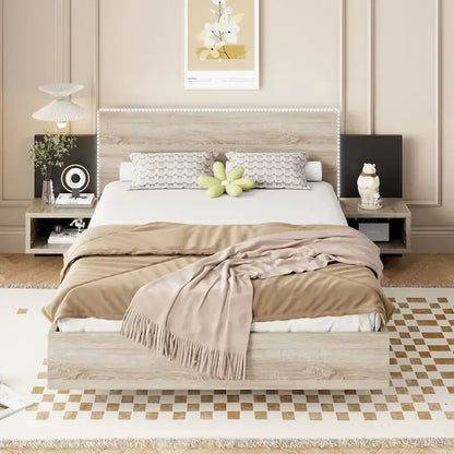 Letto matrimoniale galleggiante moderno in legno con 2 comodini e luci a LED, nessuna necessità di rete a doghe