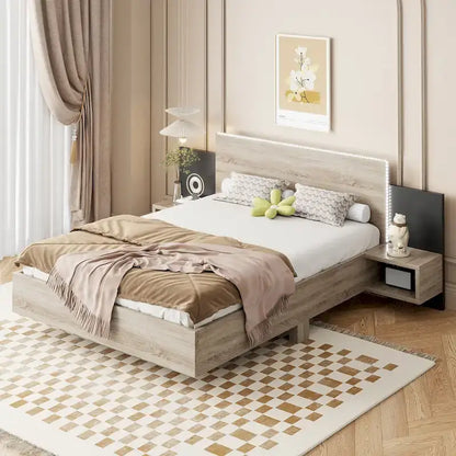 Letto matrimoniale galleggiante moderno in legno con 2 comodini e luci a LED, nessuna necessità di rete a doghe