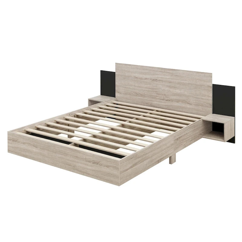 Letto matrimoniale galleggiante moderno in legno con 2 comodini e luci a LED, nessuna necessità di rete a doghe
