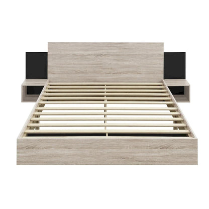 Letto matrimoniale galleggiante moderno in legno con 2 comodini e luci a LED, nessuna necessità di rete a doghe