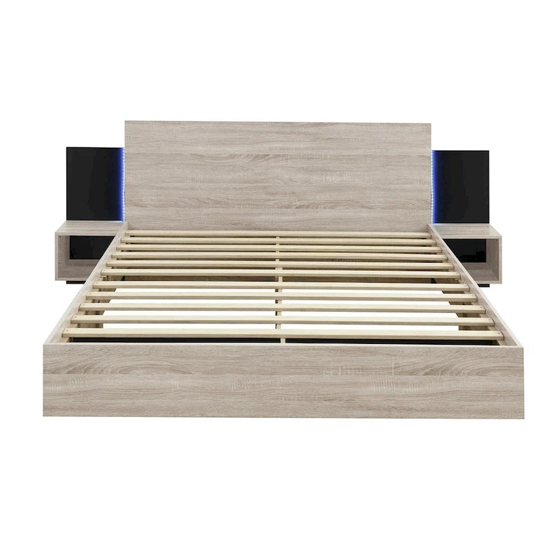 Letto matrimoniale galleggiante moderno in legno con 2 comodini e luci a LED, nessuna necessità di rete a doghe