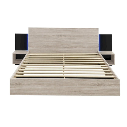 Letto matrimoniale galleggiante moderno in legno con 2 comodini e luci a LED, nessuna necessità di rete a doghe