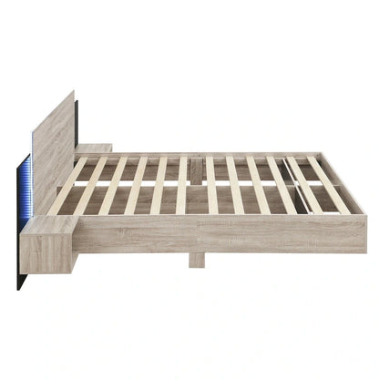 Letto matrimoniale galleggiante moderno in legno con 2 comodini e luci a LED, nessuna necessità di rete a doghe