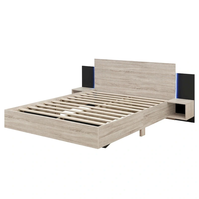 Letto matrimoniale galleggiante moderno in legno con 2 comodini e luci a LED, nessuna necessità di rete a doghe