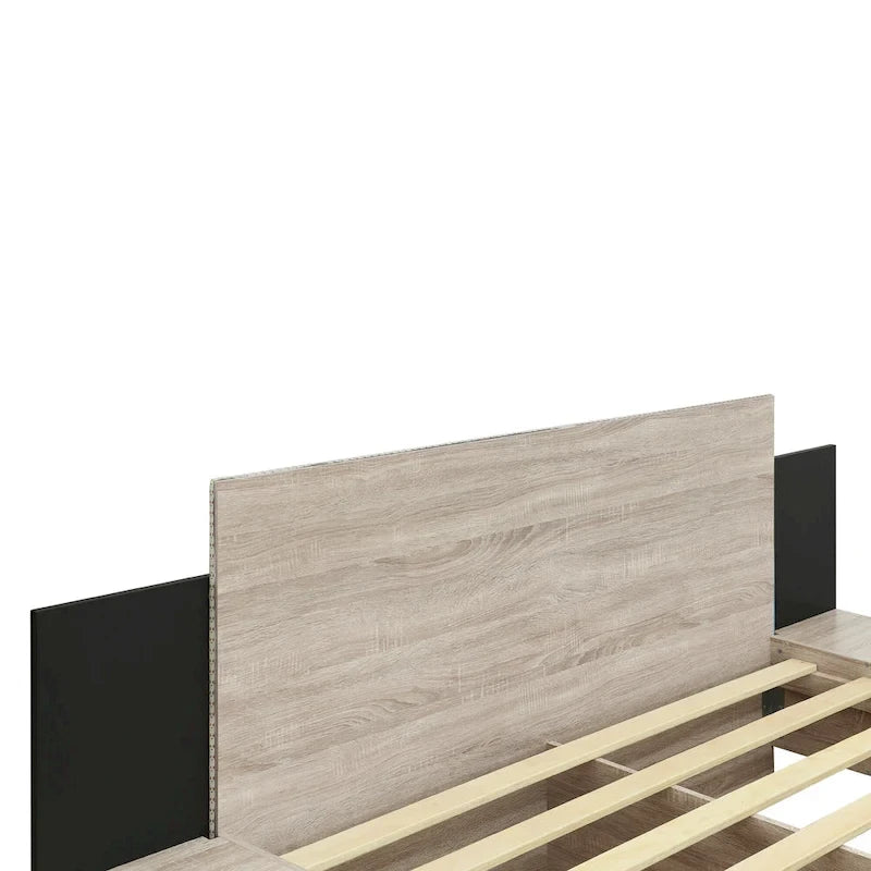 Letto matrimoniale galleggiante moderno in legno con 2 comodini e luci a LED, nessuna necessità di rete a doghe
