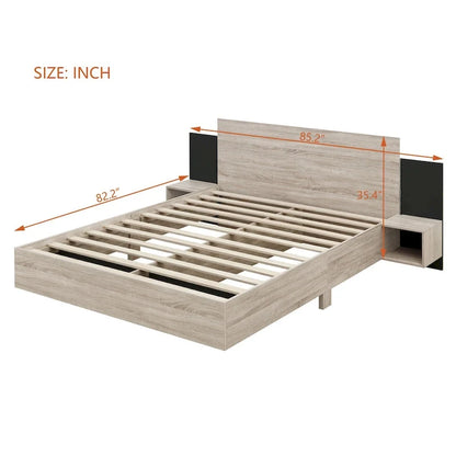 Letto matrimoniale galleggiante moderno in legno con 2 comodini e luci a LED, nessuna necessità di rete a doghe