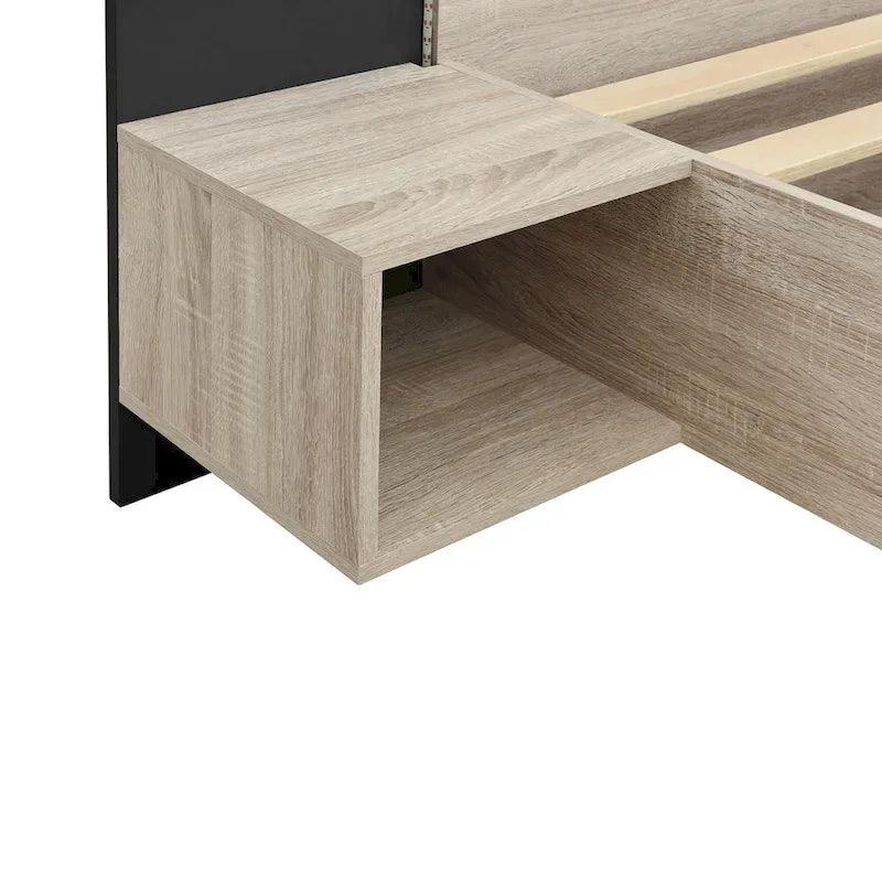 Letto matrimoniale galleggiante moderno in legno con 2 comodini e luci a LED, nessuna necessità di rete a doghe