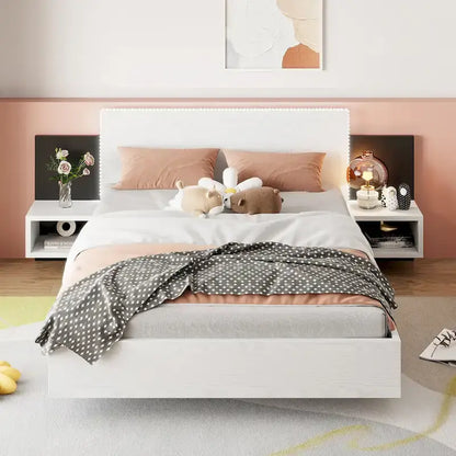 Letto matrimoniale galleggiante moderno in legno con 2 comodini e luci a LED, nessuna necessità di rete a doghe