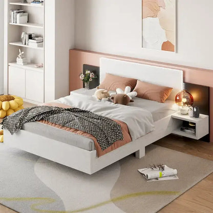Letto matrimoniale galleggiante moderno in legno con 2 comodini e luci a LED, nessuna necessità di rete a doghe