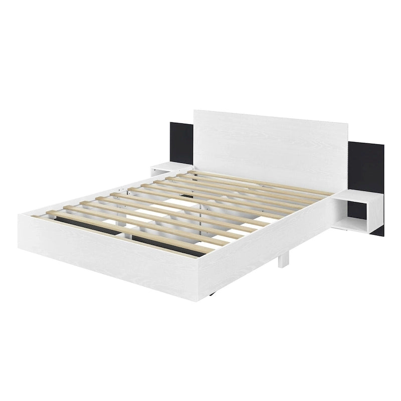 Letto matrimoniale galleggiante moderno in legno con 2 comodini e luci a LED, nessuna necessità di rete a doghe