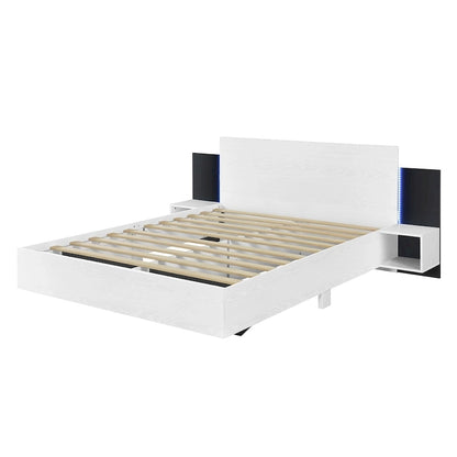 Letto matrimoniale galleggiante moderno in legno con 2 comodini e luci a LED, nessuna necessità di rete a doghe