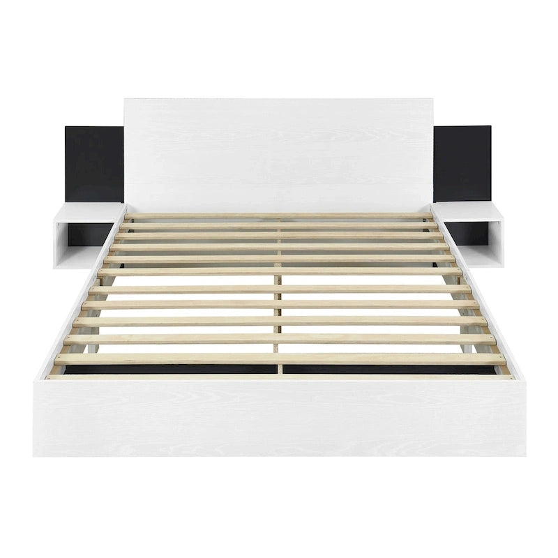 Letto matrimoniale galleggiante moderno in legno con 2 comodini e luci a LED, nessuna necessità di rete a doghe
