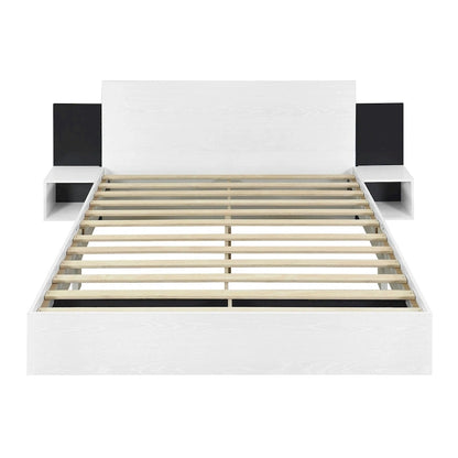 Letto matrimoniale galleggiante moderno in legno con 2 comodini e luci a LED, nessuna necessità di rete a doghe