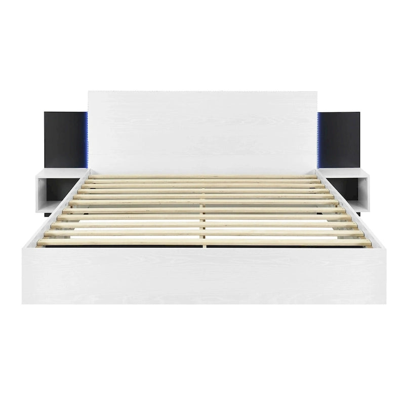 Letto matrimoniale galleggiante moderno in legno con 2 comodini e luci a LED, nessuna necessità di rete a doghe