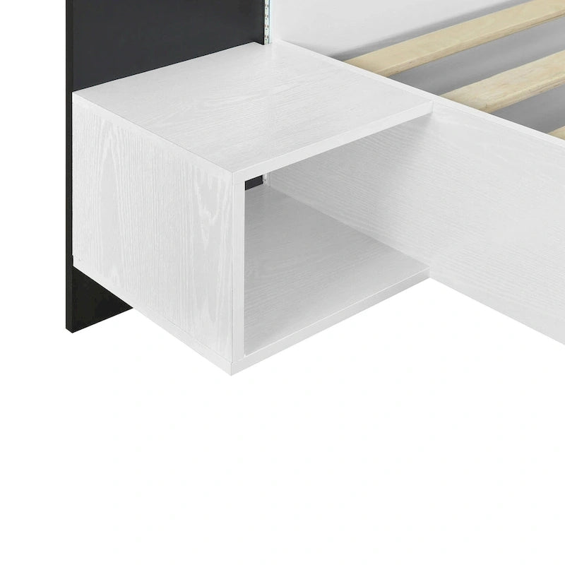 Letto matrimoniale galleggiante moderno in legno con 2 comodini e luci a LED, nessuna necessità di rete a doghe