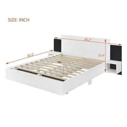 Letto matrimoniale galleggiante moderno in legno con 2 comodini e luci a LED, nessuna necessità di rete a doghe