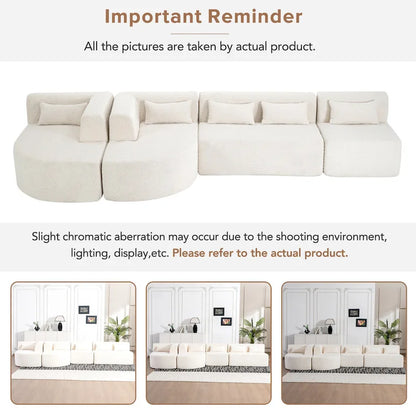 Upholstered Modular Sofa with 2 Curved Chaise Lounges and 5 Back Pillows, Free-Combination Sofa Couch for Living Room