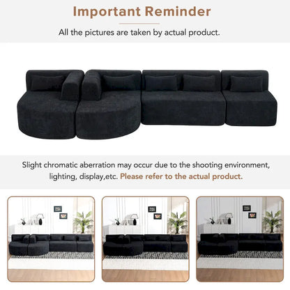 Upholstered Modular Sofa with 2 Curved Chaise Lounges and 5 Back Pillows, Free-Combination Sofa Couch for Living Room
