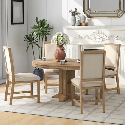 Rustic Farmhouse Dining Table and Chair Sets Extendable Round Table and Chair Sets with Adjustable Table Top for Dining Room