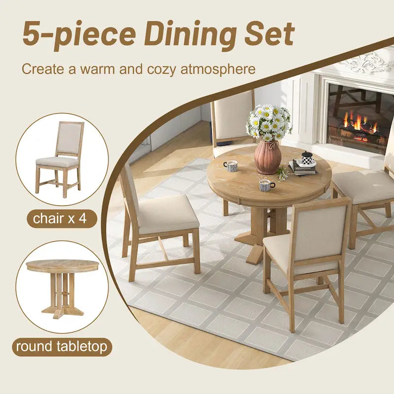 Rustic Farmhouse Dining Table and Chair Sets Extendable Round Table and Chair Sets with Adjustable Table Top for Dining Room
