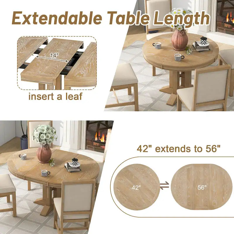 Rustic Farmhouse Dining Table and Chair Sets Extendable Round Table and Chair Sets with Adjustable Table Top for Dining Room