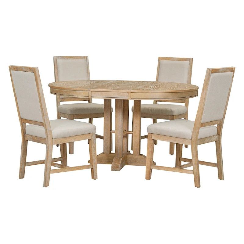 Rustic Farmhouse Dining Table and Chair Sets Extendable Round Table and Chair Sets with Adjustable Table Top for Dining Room
