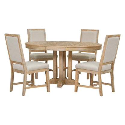 Rustic Farmhouse Dining Table and Chair Sets Extendable Round Table and Chair Sets with Adjustable Table Top for Dining Room