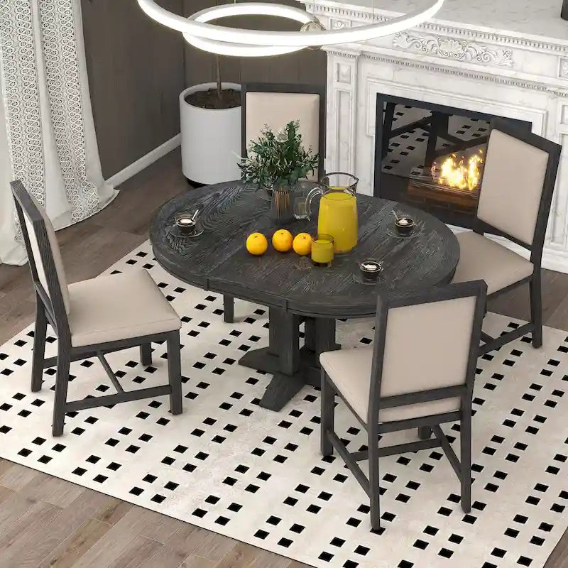 Rustic Farmhouse Dining Table and Chair Sets Extendable Round Table and Chair Sets with Adjustable Table Top for Dining Room