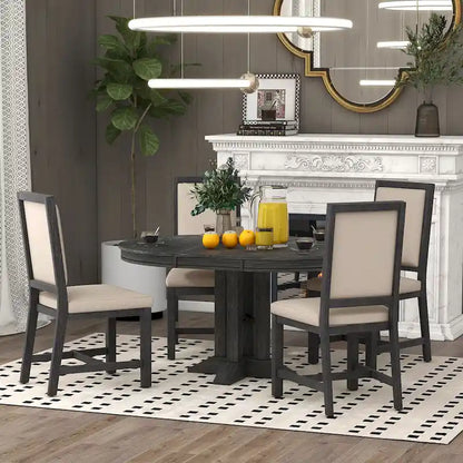 Rustic Farmhouse Dining Table and Chair Sets Extendable Round Table and Chair Sets with Adjustable Table Top for Dining Room
