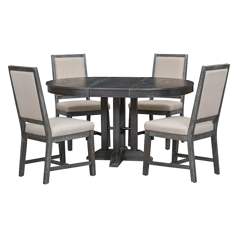 Rustic Farmhouse Dining Table and Chair Sets Extendable Round Table and Chair Sets with Adjustable Table Top for Dining Room