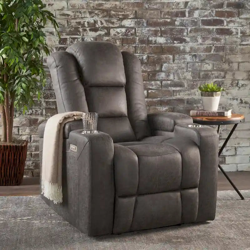Roomfitters 33  Wide Power Standard Recliner Chair with Arm Storage and USB, Slate