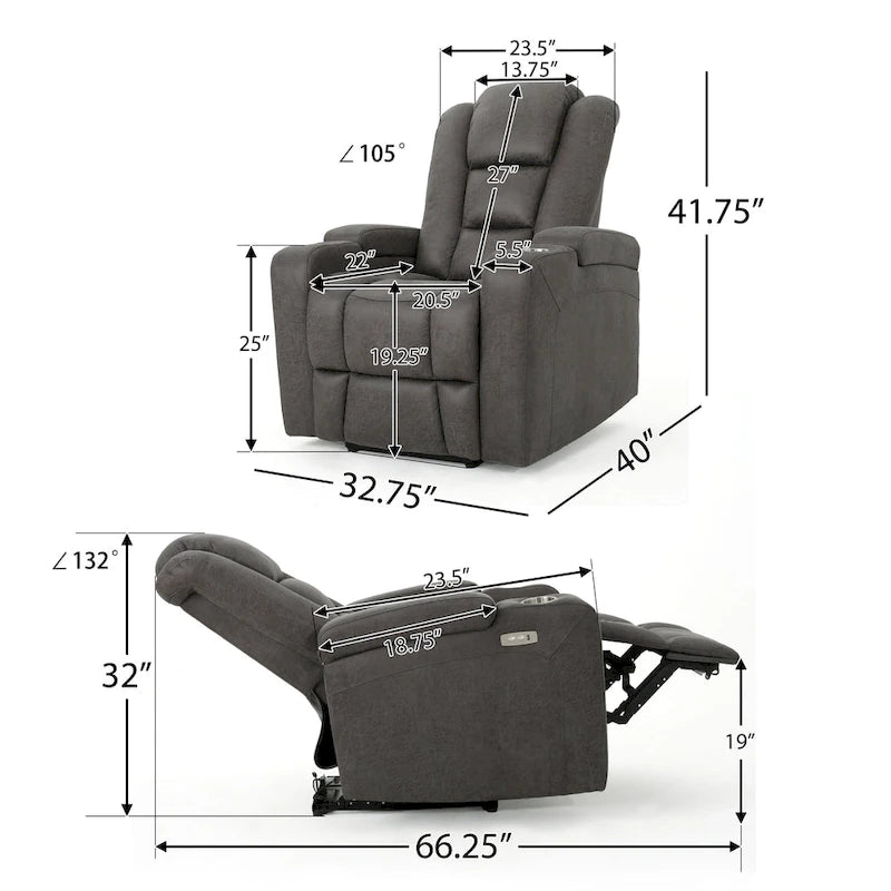 Roomfitters 33  Wide Power Standard Recliner Chair with Arm Storage and USB, Slate