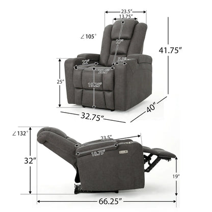 Roomfitters 33  Wide Power Standard Recliner Chair with Arm Storage and USB, Slate