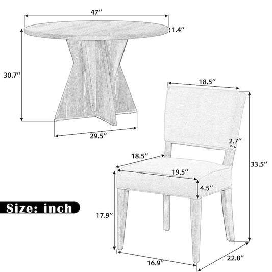 5-piece Outdoor Wooden Round Dining Set with 4 Upholstered Chairs