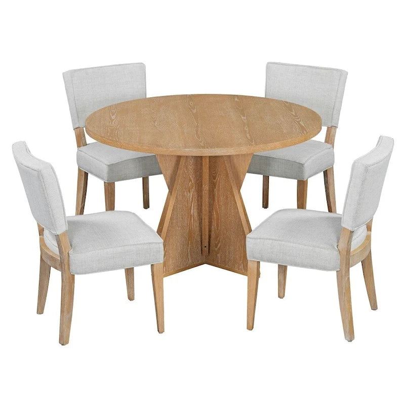 5-piece Outdoor Wooden Round Dining Set with 4 Upholstered Chairs