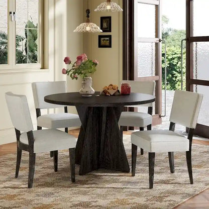 5-piece Outdoor Wooden Round Dining Set with 4 Upholstered Chairs