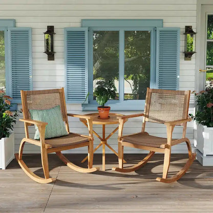 2-Piece Acacia Rocking Chair Set with Rattan Backrest