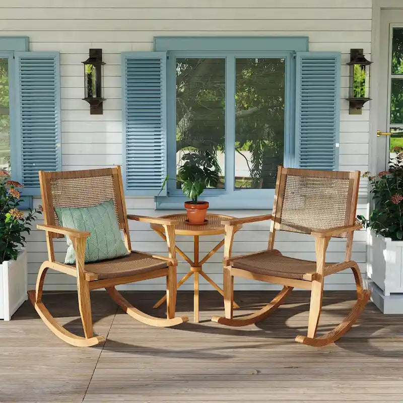 2-Piece Acacia Rocking Chair Set with Rattan Backrest
