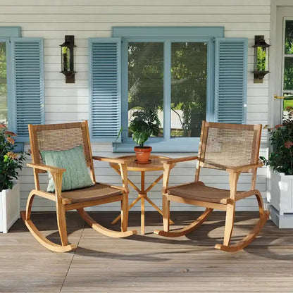 2-Piece Acacia Rocking Chair Set with Rattan Backrest