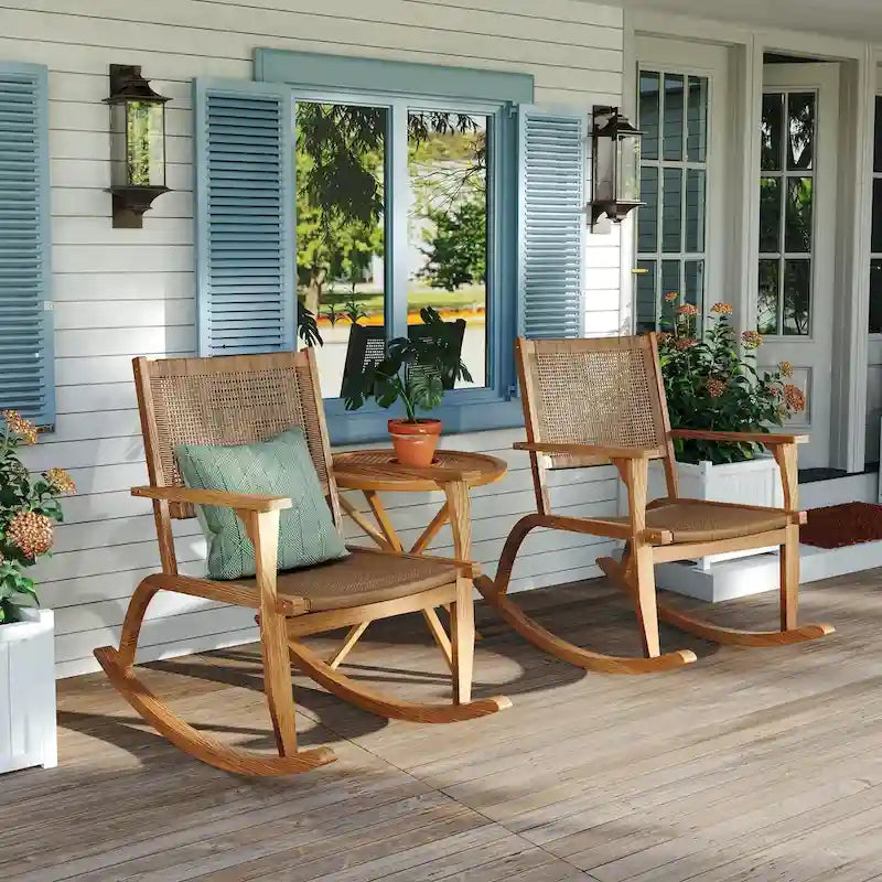 2-Piece Acacia Rocking Chair Set with Rattan Backrest