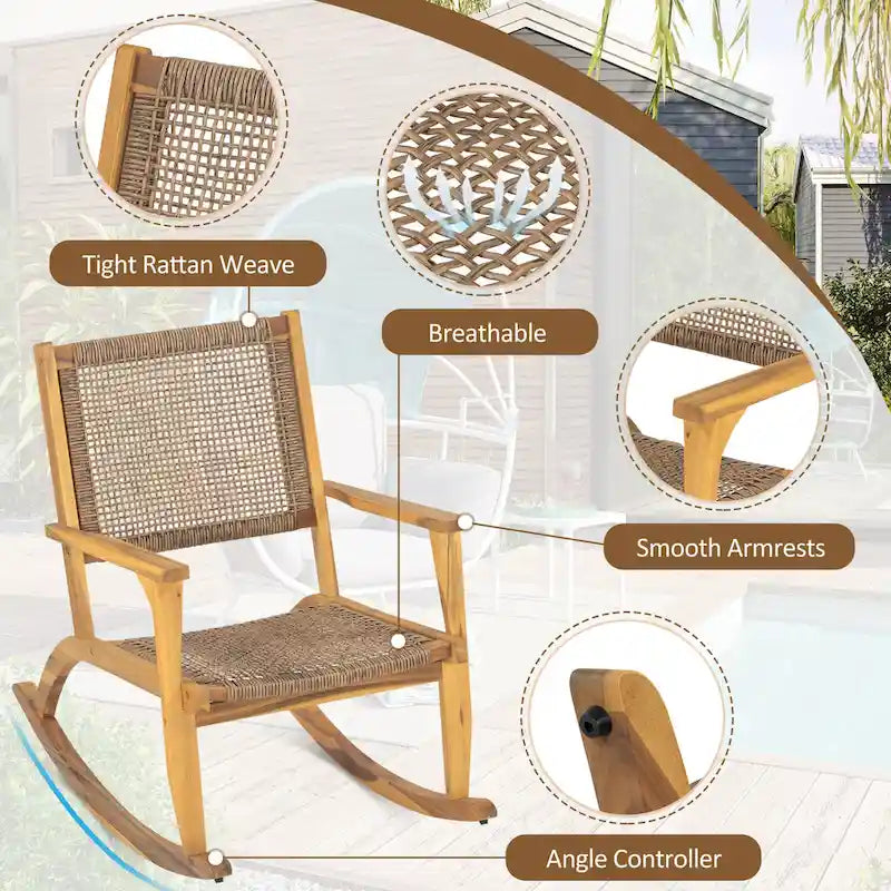 2-Piece Acacia Rocking Chair Set with Rattan Backrest