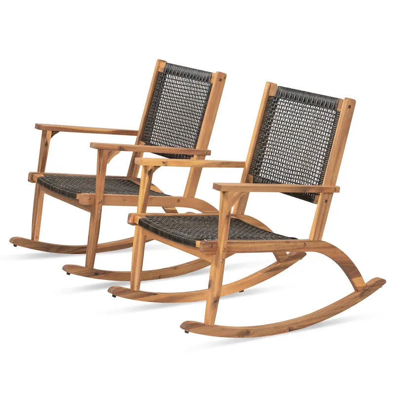 2-Piece Acacia Rocking Chair Set with Rattan Backrest