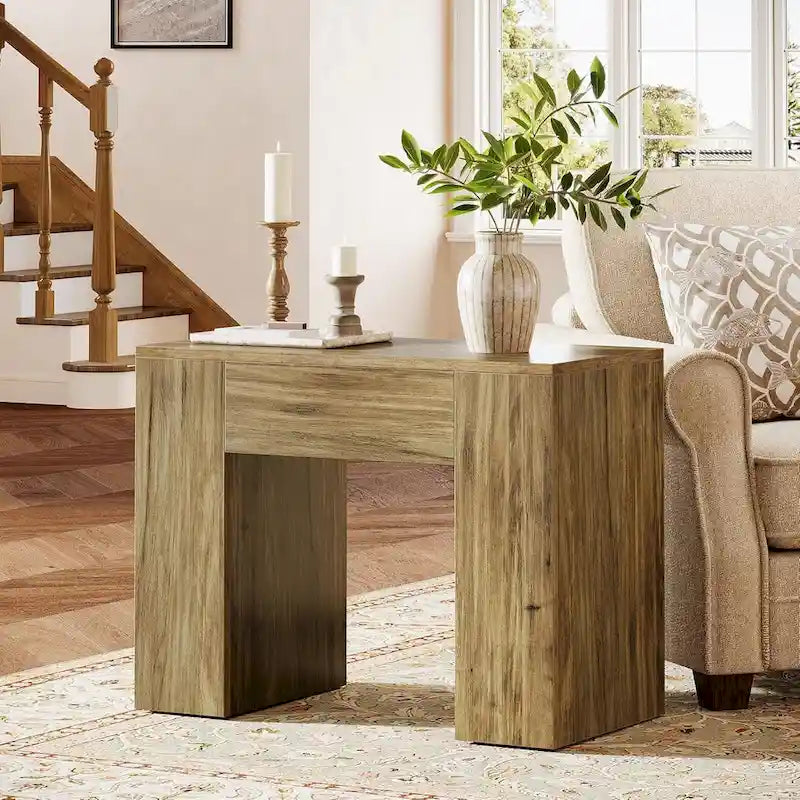 31.5  Farmhouse End Side Table, Mid-Century Modern Sofa Side Table with Wooden Pedestal