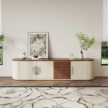 78.74  Mid-Century TV Stands, Brown Solid Wood Veneer, Media Console With 5 Cabinets,3 Drawers, Beige,Fully Assembled - 78.74