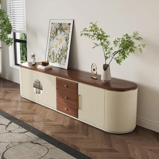 78.74  Mid-Century TV Stands, Brown Solid Wood Veneer, Media Console With 5 Cabinets,3 Drawers, Beige,Fully Assembled - 78.74